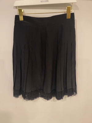 Chanel Cruise 2005 Black Silk Pleated Mini Skirt with Lace Trim and CC Buttons Size FR 38 ( UK 10)