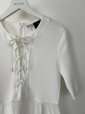 Loewe X Paula's Ibiza White Mid-Sleeve Ribbed Midi Dress with Pockets and Neck Tie Detail FR 38 (UK 10)