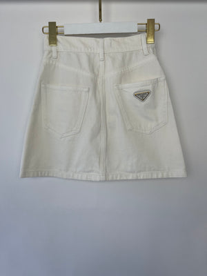 Prada White Denim Mini Skirt With Back Pocket Logo Detail Size IT 36 (UK 4)