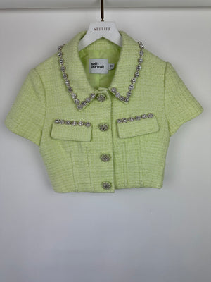 Self-Portrait Lime Green Cropped Short Sleeve Jacket and Skirt Tweed Set with Crystal Embellishment Details Size (UK 8)