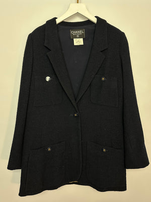 Chanel 95P Navy Tweed Jacket with Front Pockets and Gold CC Logo Button Details, Size FR 46 (UK 18)