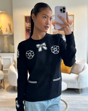 Chanel 16/A Black Camellia and Bow Long Sleeve Jumper with Pocket Detail Size FR 38 (UK 10)