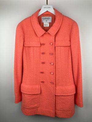 Chanel Vintage 97P Coral Pink Double Breasted Tweed Blended Wool Jacket Detail Size FR 42 (UK 14)