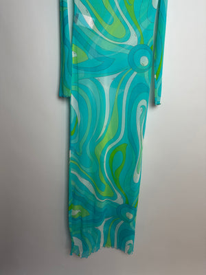 Emilio Pucci Blue, Green and White Mesh Long Sleeve Maxi Dress IT 44 (UK 12)