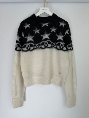 Chanel White and Black Cashmere Blend Jumper With Stars and CC Print Size FR 36 (UK 8) RRP £2440