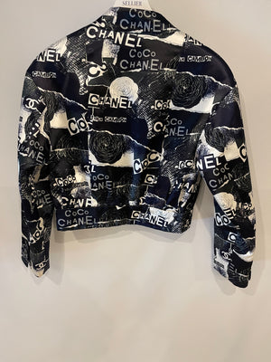 Chanel Navy Logo Printed Bomber Jacket with Embellished CC Button Details Size FR 38 (UK 10)