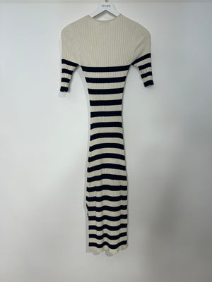 Altuzarra Cream & Blue Midi Ribbed Dress with Buttons Detail Size XS (UK 6 - 8)