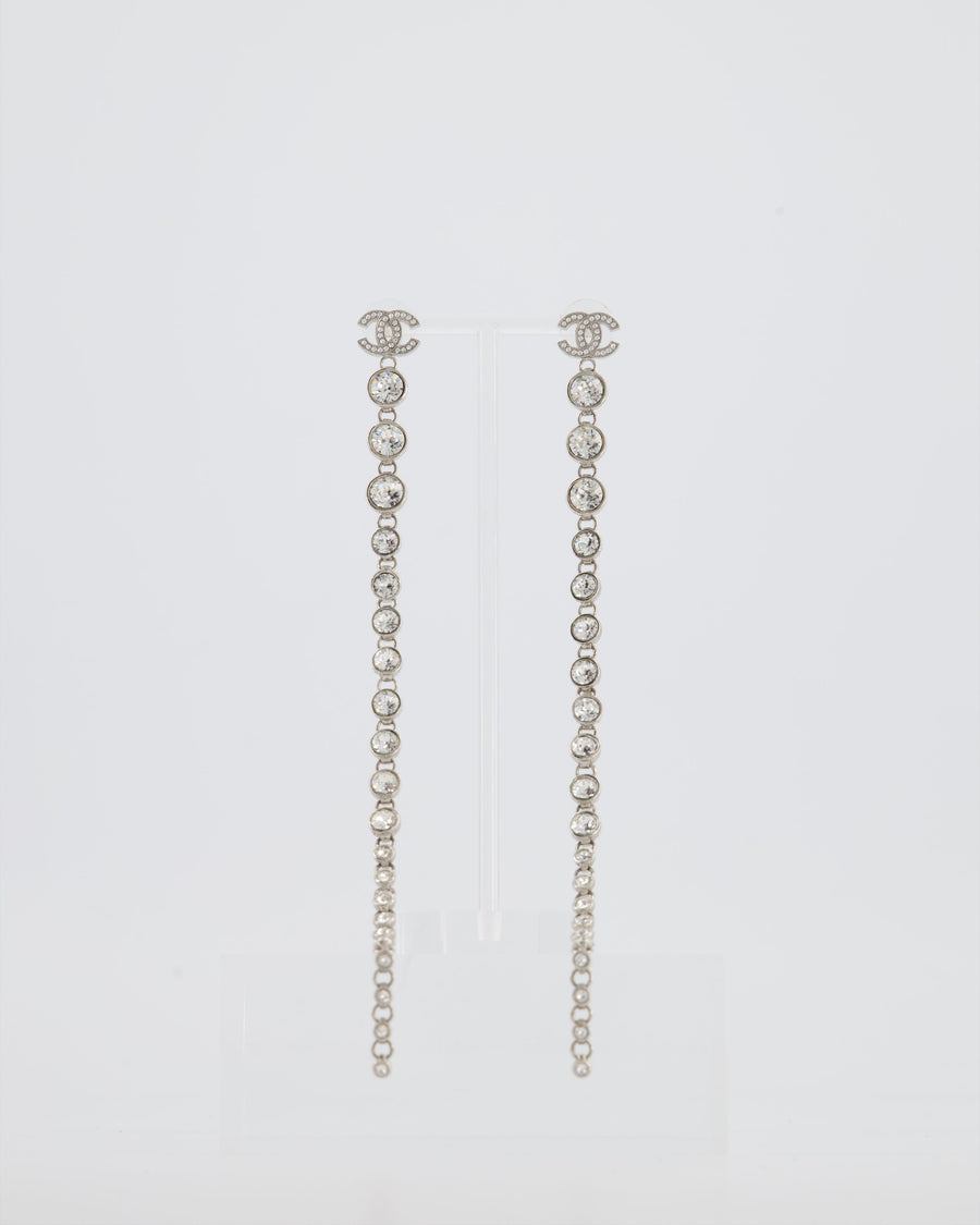 *HOT* Chanel Long Silver Crystal Earrings with CC Logo