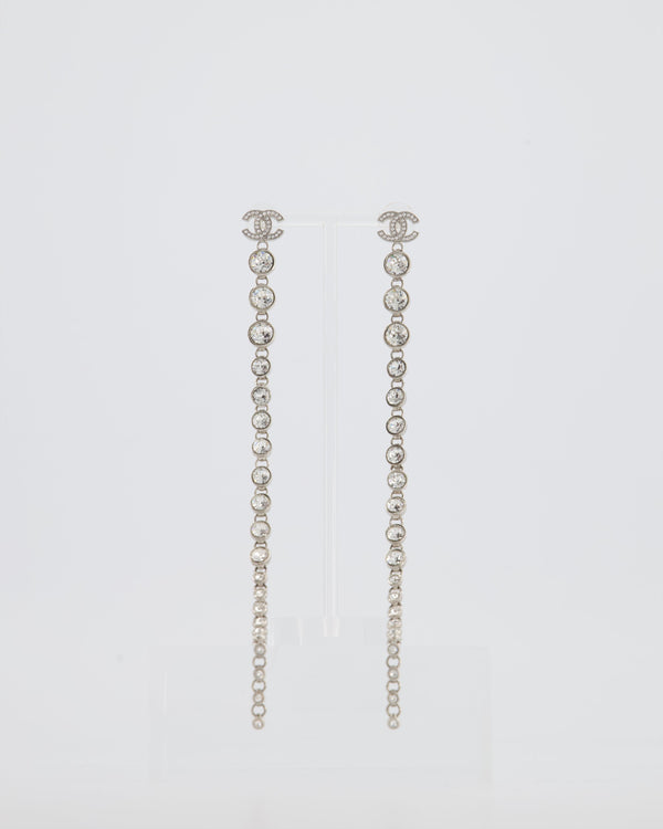 *HOT* Chanel Long Silver Crystal Earrings with CC Logo