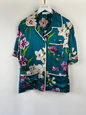 Olivia Von Halle Teal Floral Two-Piece Shirt and Trouser Set Size 2 (UK 10)