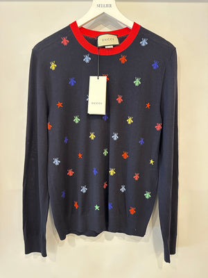 Gucci Navy Long Sleeve Jumper with Bees and Red Detail IT 40 (UK 8)