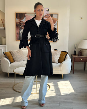 Chanel Black Wool Tweed-Panelled Coat with Fringes, Bow and Patent Leather Belt Detail Size FR 36 (UK 8)