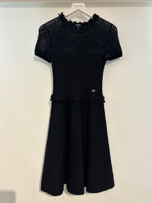 Chanel Black Wool Knit Short Sleeve Mini Dress With Knitted Flower Details FR 38 (UK 10)