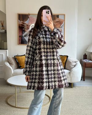 Chanel 19B Burgundy, Purple and White Houndstooth Longline Wool Coat with CC Button Detail Size FR 36 (UK 8) RRP £4700