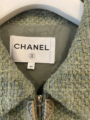 Chanel Pistachio Green Tweed Jacket with CC Silver Split Button Detail Size FR 44 (UK 12)