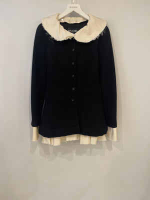 Chanel Black Wool Jacket with Ivory Silk Details and Embellished Buttons Size FR 38 (UK 10)