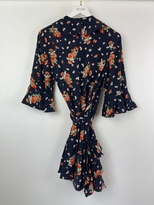 Louis Vuitton Navy Floral Silk Mini Dress With Wrap Around Tie Detail FR 36 (UK 8)