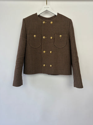 Celine Brown Houndstooth Collarless Jacket with Front Pockets and Gold Crest Buttons Size FR 42 (UK 14)