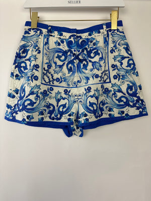 Dolce & Gabbana Blue Majolica Print High-Waist Shorts Size IT 40 (UK 8)