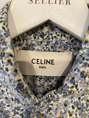 Céline Blue Floral Silk Midi Dress with Gold Logo Buttons Detailing Size FR 34 (UK 6)