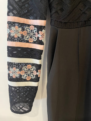 Elie Saab Black Long-Sleeve Jumpsuit with Crochet Floral Details Size FR 38 (UK 10)