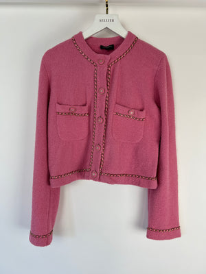 Chanel Pink 20C Cropped Cardigan with Chain Trim Detail and CC Button Detail Size FR 36 (UK 8)