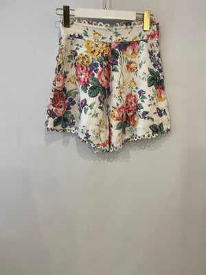 Zimmermann White Multicoloured Floral Linen Shorts and Crop Top Set Size 0 (UK 8)