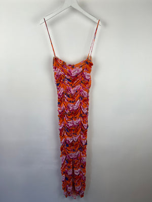 Magda Butrym Orange, Pink and Blue Floral Mesh Midi Dress with Ruching Size FR 36 (UK 8)