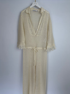 Christian Dior Cream Crochet Linen Jumpsuit With Drawstring Waistband and Shirt Collar Neckline Size FR 34 (UK 6)