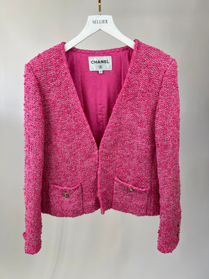 *HOT* Chanel 21C Pink Tweed Jacket and Skirt Set with CC Logo Buttons Size FR 42 (UK 14)