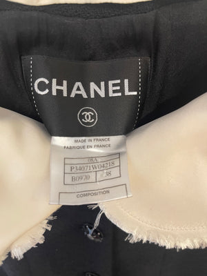 Chanel Black Wool Jacket with Ivory Silk Details and Embellished Buttons Size FR 38 (UK 10)