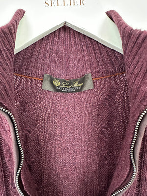 Loro Piana Menswear Burgundy Cable Knit Long Sleeve Jumper with Suede Quarter Zip Detail IT 48 (UK 38) RRP £1,700