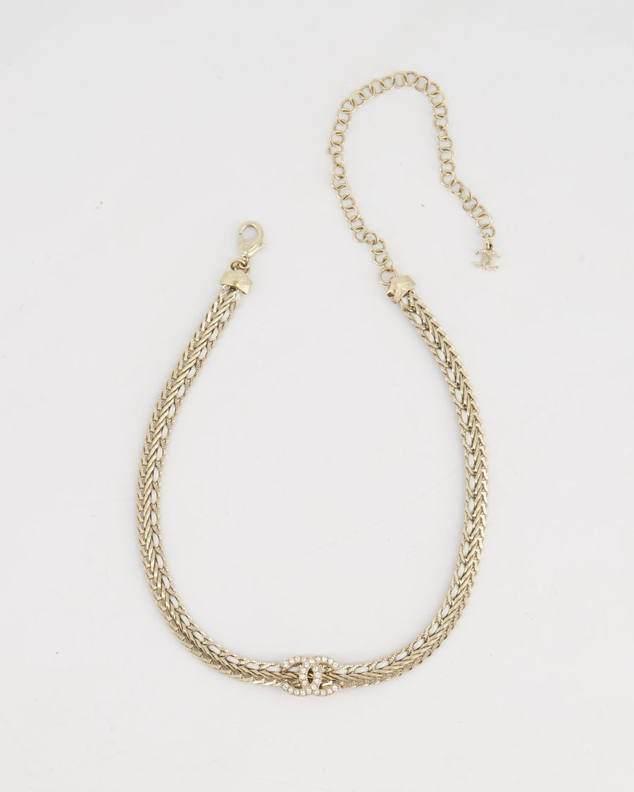 *HOT* Chanel Chain Choker Necklace in Champagne Gold with Crystal CC Logo