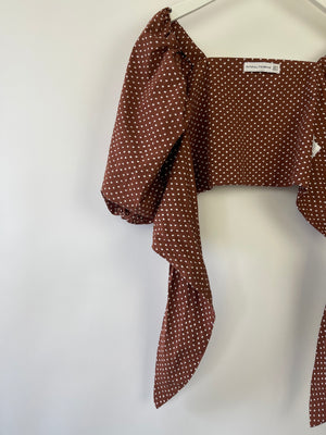 Faithfull the Brand Brown with White Polka Dot Wrap Crop Top and Midi Skirt with Belt Set Size S (UK 8-10)