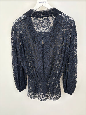 Chanel Navy Lace Long Sleeve Shirt with Ruthenium Buttons Detail Size FR 36 (UK 8)