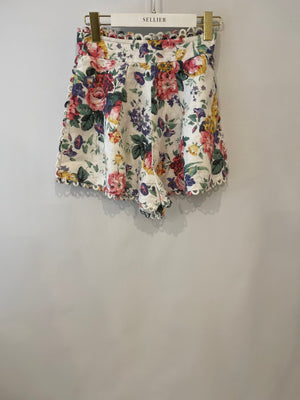 Zimmermann White Multicoloured Floral Linen Shorts and Crop Top Set Size 0 (UK 8)