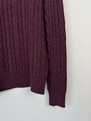 Loro Piana Menswear Burgundy Cable Knit Long Sleeve Jumper with Suede Quarter Zip Detail IT 48 (UK 38) RRP £1,700