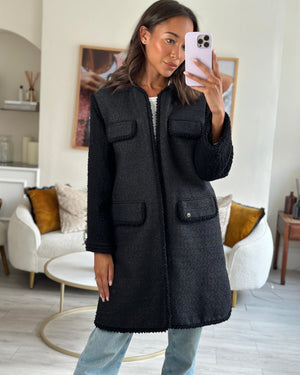 Chanel Black Tweed Metallic Long Jacket with Pocket Details FR 38 (UK 10)