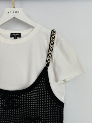 *HOT* Chanel 22C Black Sleeveless Knitted Top with Crystal CC Logo Straps and White Cotton Short Sleeve T-Shirt with Small Crystal Logo Detail Size FR S (UK 8) RRP £3160