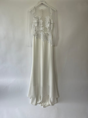 Nadine Merabi White Long Sleeve Gown Dress with Mesh Embellishments Size (UK 12)