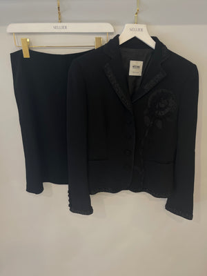 Moschino Cheap and Chic Black Blazer Jacket and Skirt Set with Rose Embellishment Size IT 42 (UK 10)