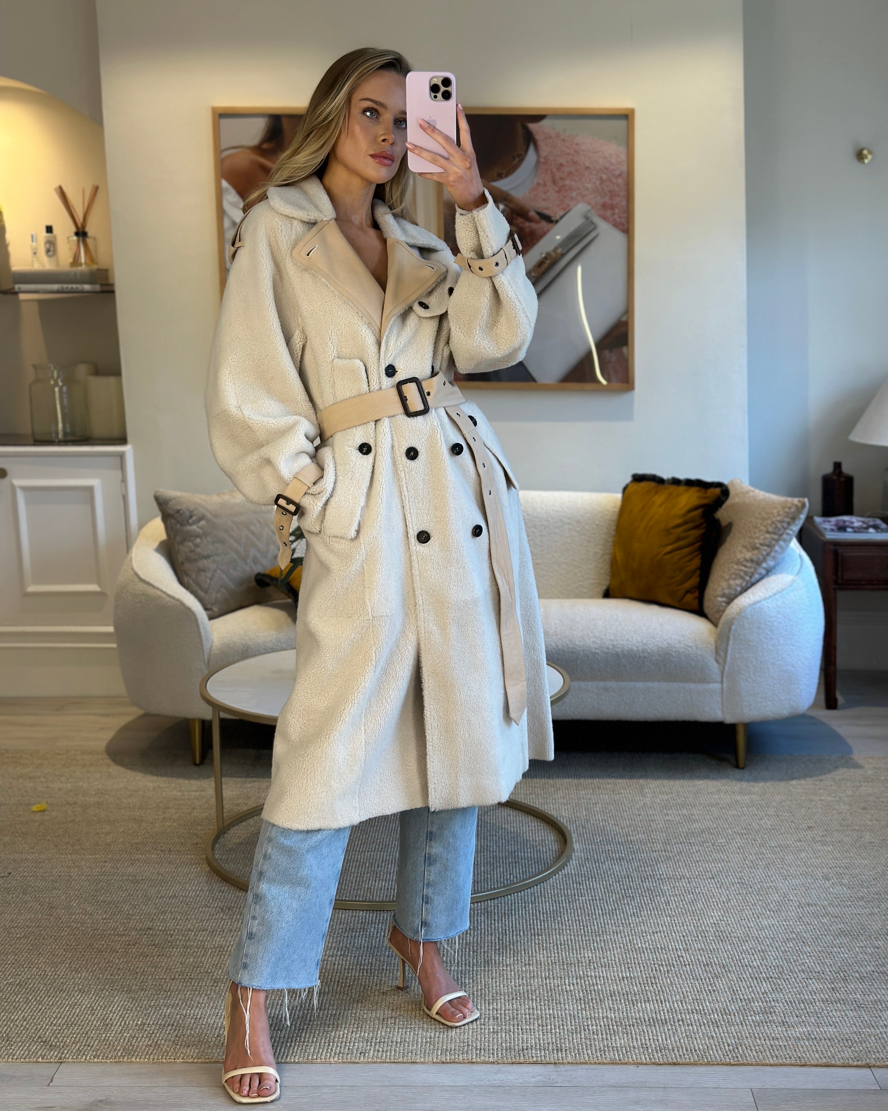 Utzon Cream Reversible Shearling Trench Coat with Leather Belt and