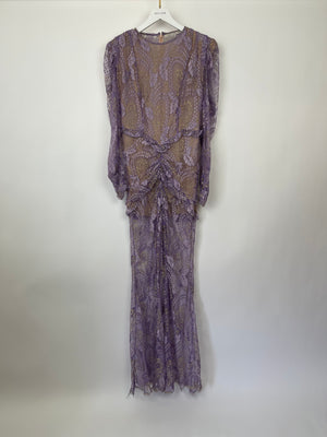 Alessandra Rich Lilac & Gold Lace Ruched Gown Dress Size IT 42 (UK 10)