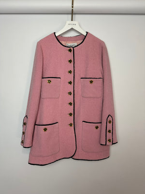 Chanel 94C Pink Tweed Jacket with Black Trim and Gold CC Logo Button Details, Size FR 42 (UK 14)