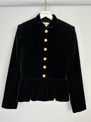 Celine Black Velvet Long Sleeve Jacket with Peplum Hem and Gold Buttons Size FR 34 (UK 6)