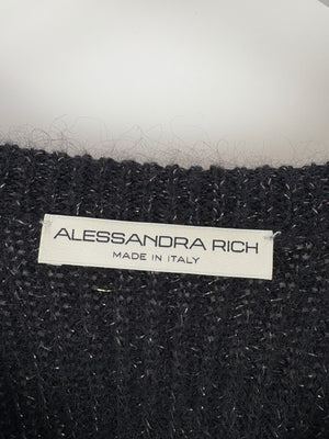 Alessandra Rich Black Mohair Long-Sleeve Cropped Jumper with Embellished Flower Detail IT 40 (UK 8)