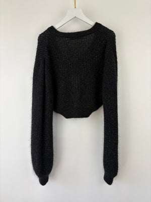 Alessandra Rich Black Mohair Long-Sleeve Cropped Jumper with Embellished Flower Detail IT 40 (UK 8)