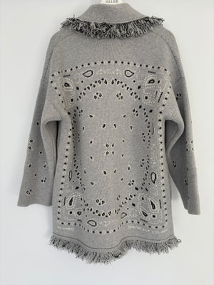 Alanui Grey Oversized Paisley Print Cardigan with Frayed Detail Size M (UK 10)