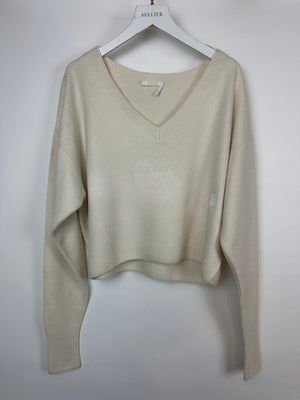 Chloe Cream Cashmere V-Neck Jumper With Embroidered Emblem Detail Size XS