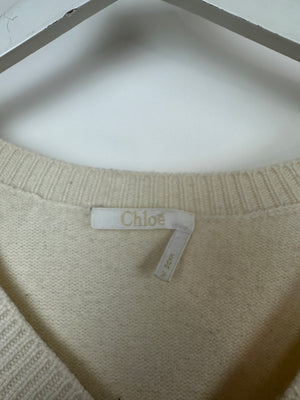 Chloe Cream Cashmere V-Neck Jumper With Embroidered Emblem Detail Size XS